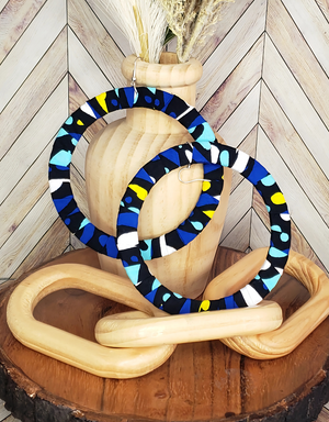 The "Carribean Queen" Oversized Blue, Aqua, Black, White, Yellow African Print Fabric Wrapped Hoops