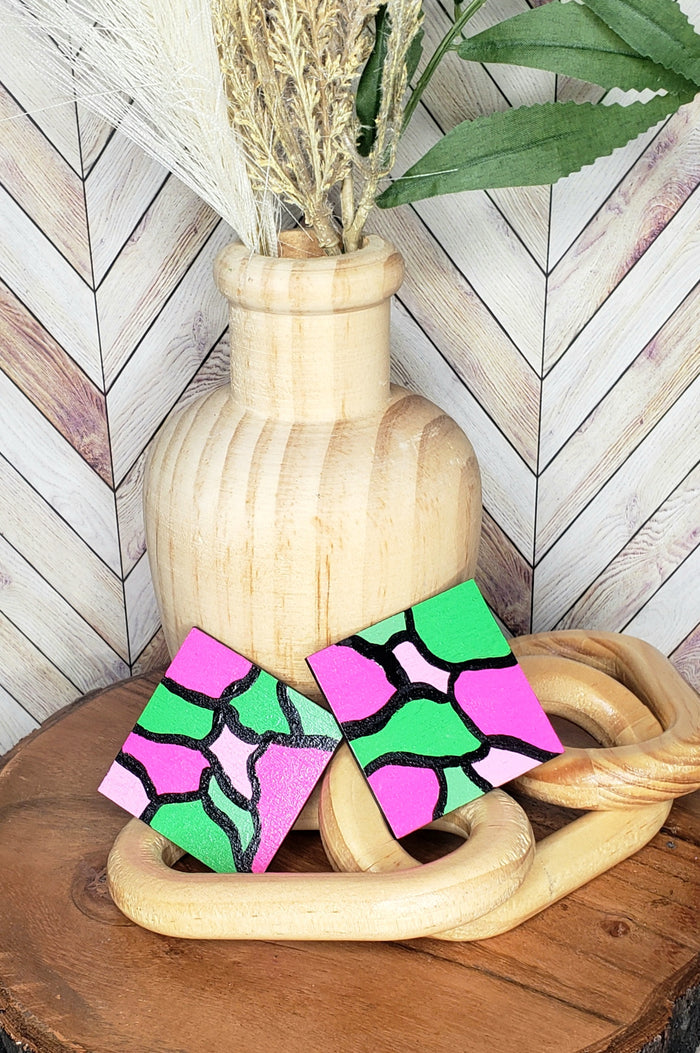 "Square Biz" Hand Painted Pink and Green Earrings