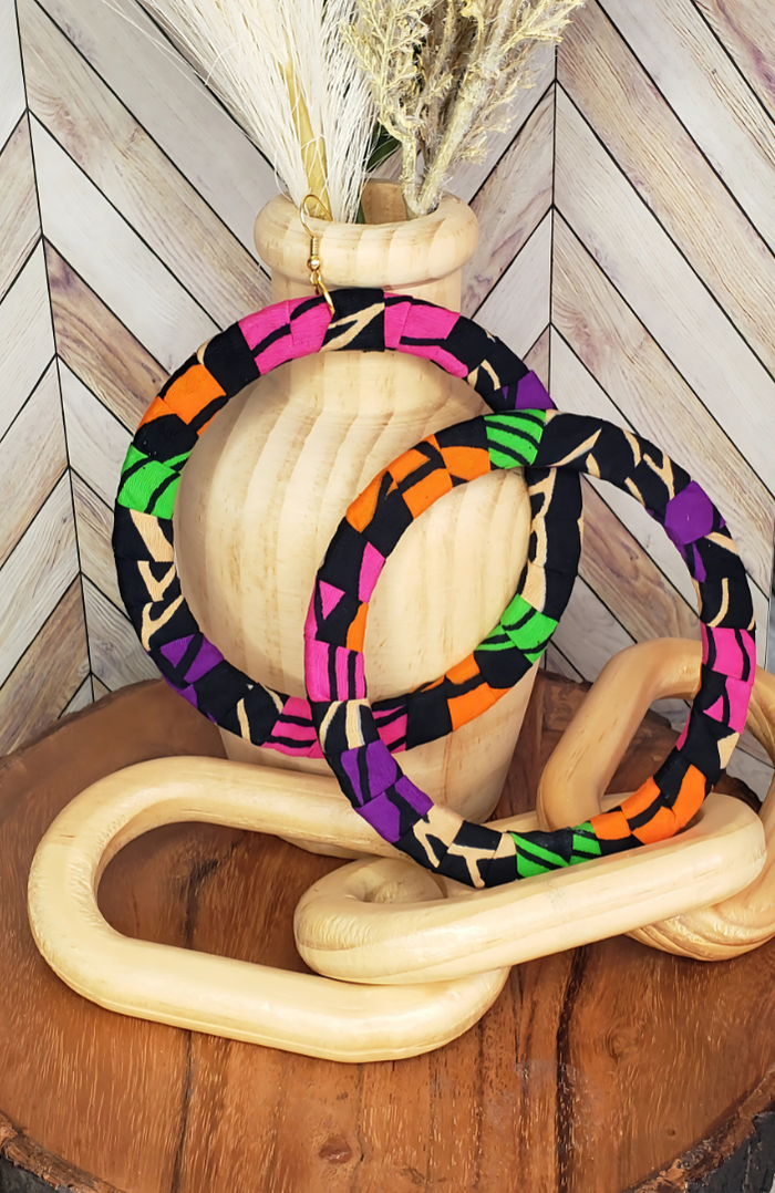 The "Nova" Oversized Pink, Orange, Green, Purple, Black, Tan African Print Fabric Wrapped Hoops