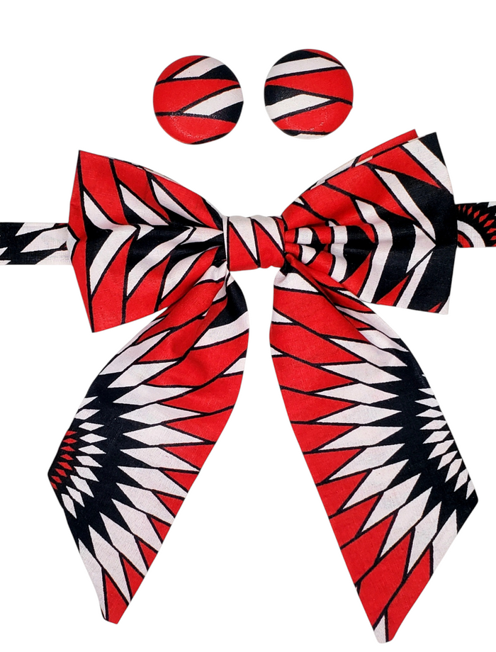 "Crimson Dream" Red, Black, and White African Print Bowtie and Earrings Set